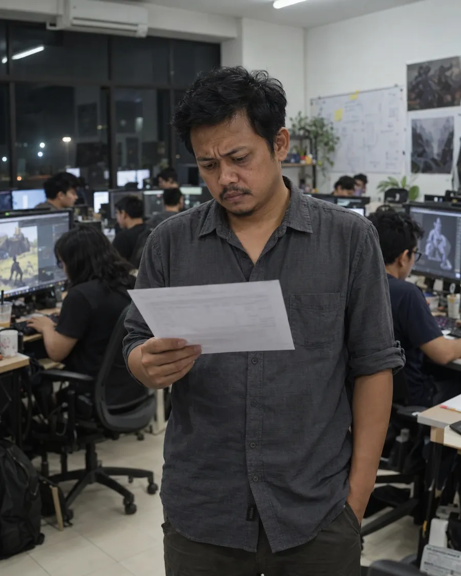 Pemilik studio game menatap invoice dengan khawatir di depan tim yang lembur