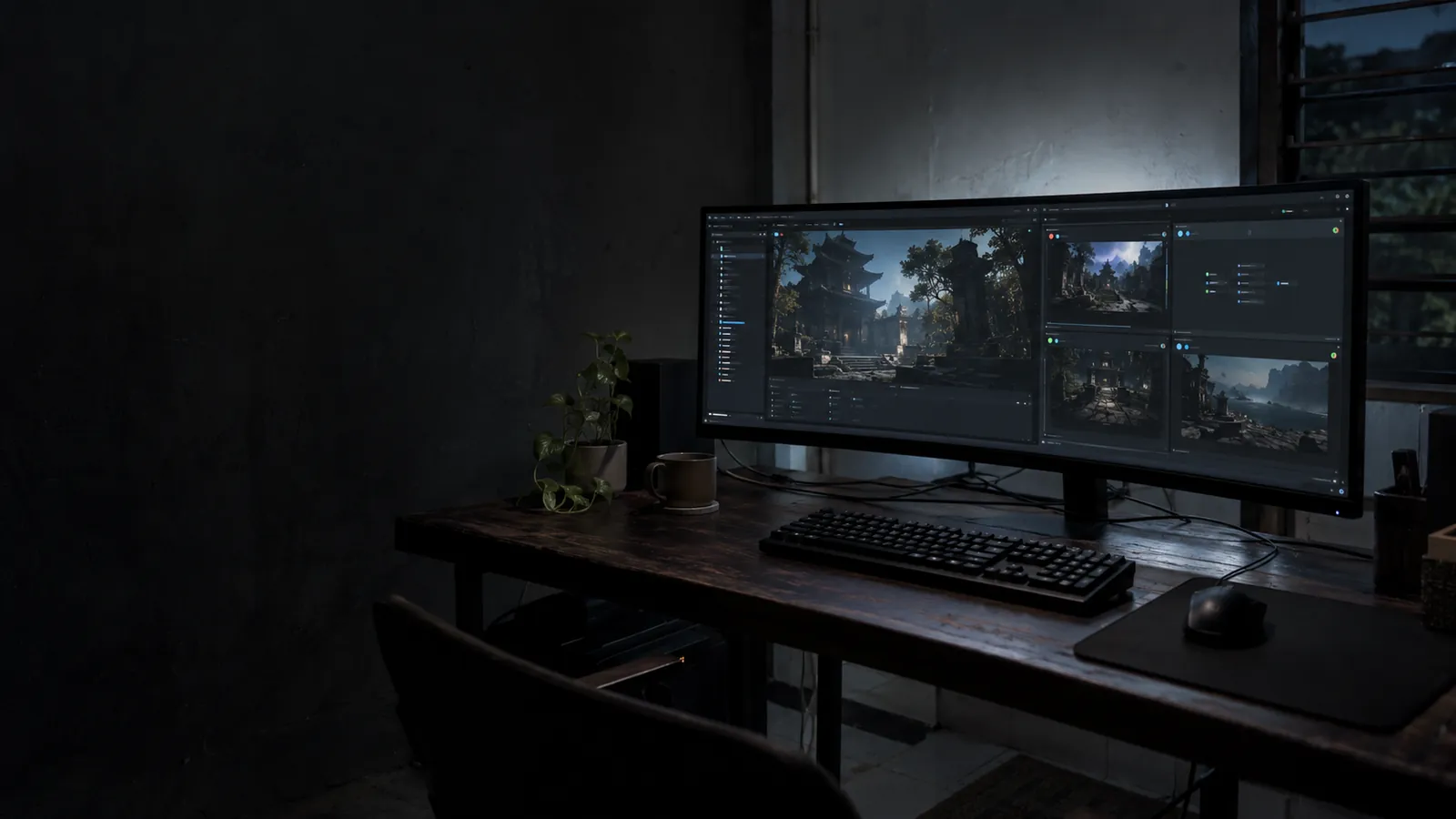 Workstation game developer dengan beberapa monitor